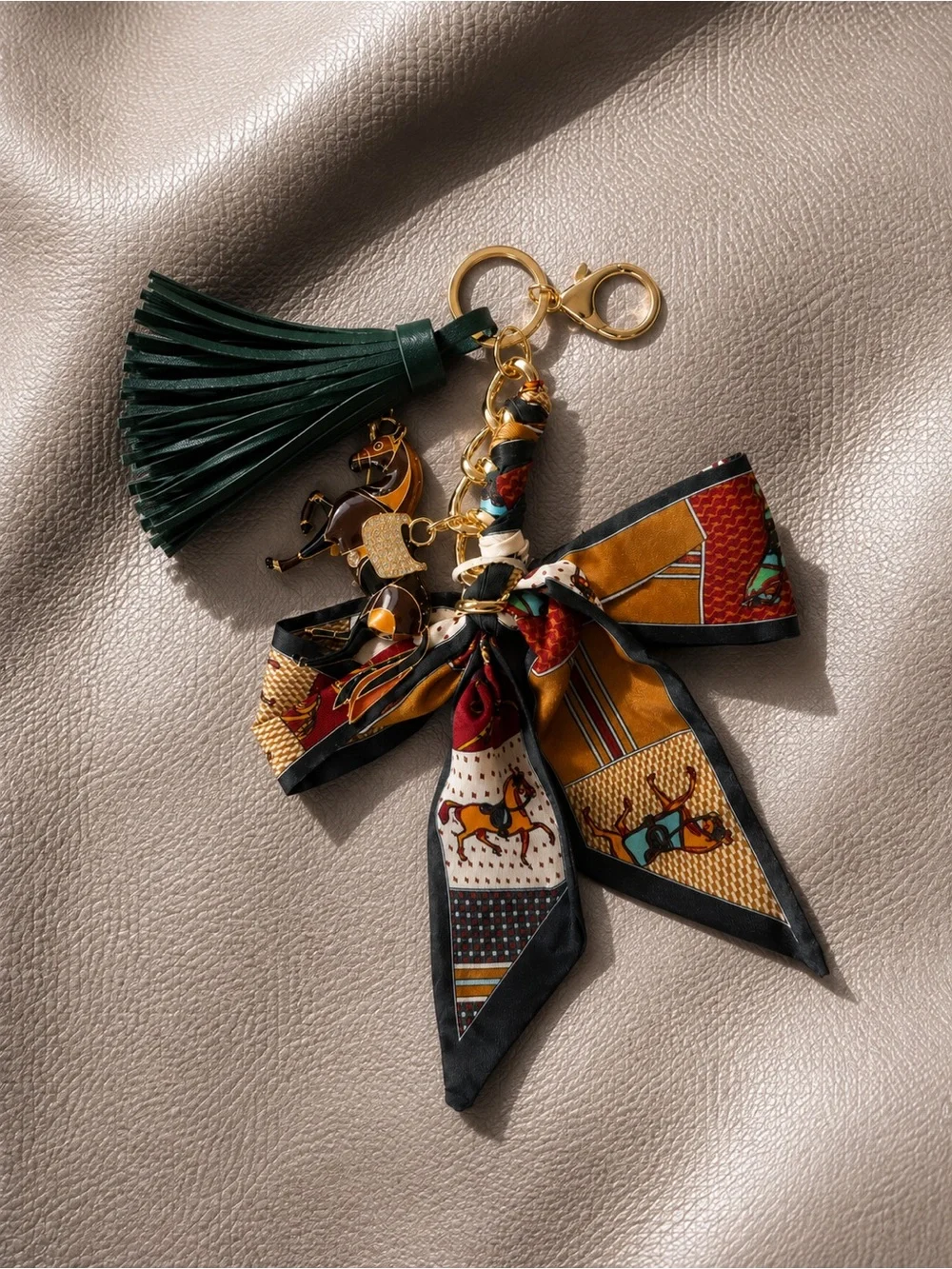 Piper K Horse Bag Charm Equestrian Gold Scarf Bow Crystal Tassel Key Ring